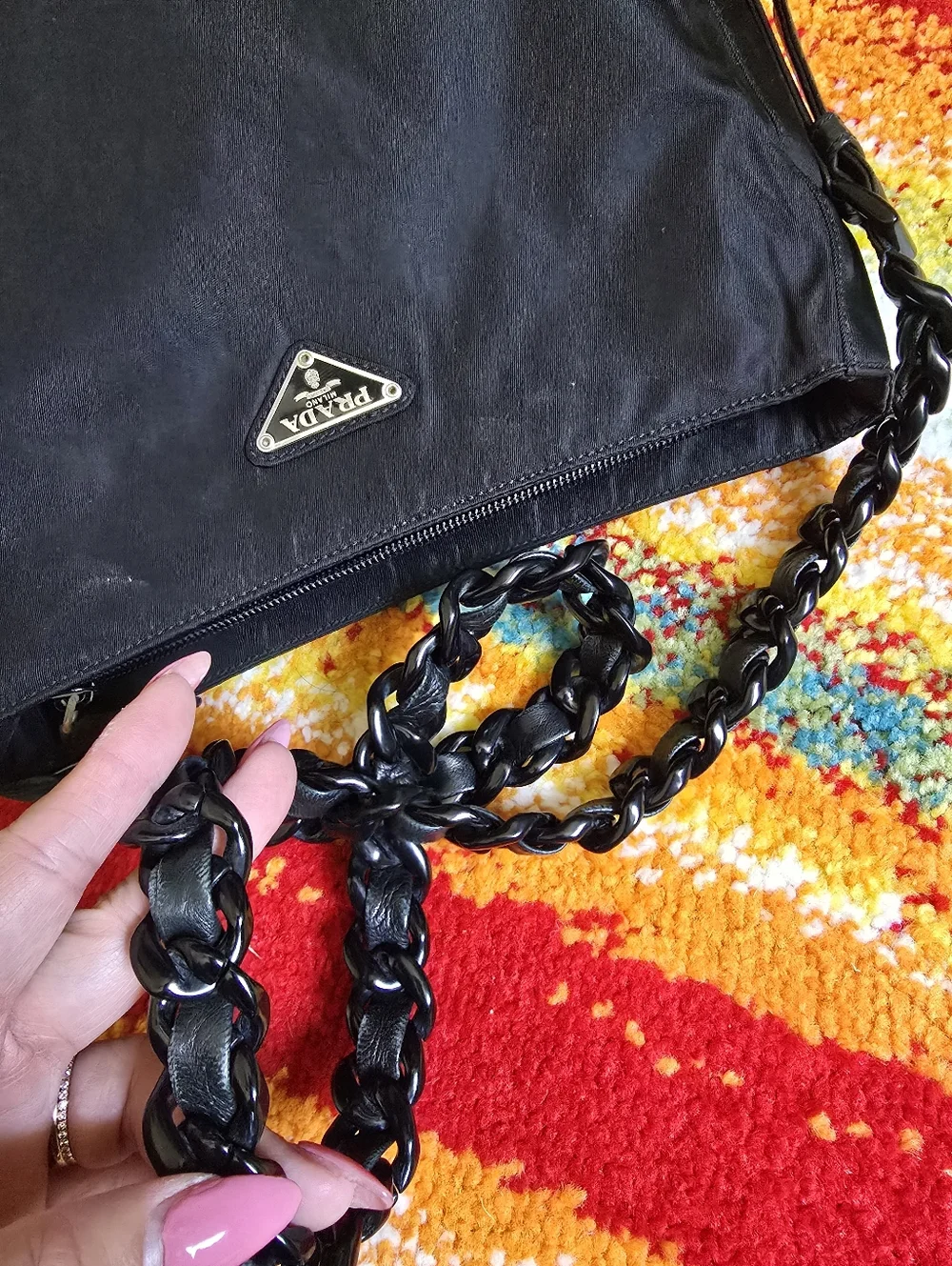 Authentic Prada Nylon Black Shoulder Bag with Braided Leather Chain Strap - Picture 10 of 16